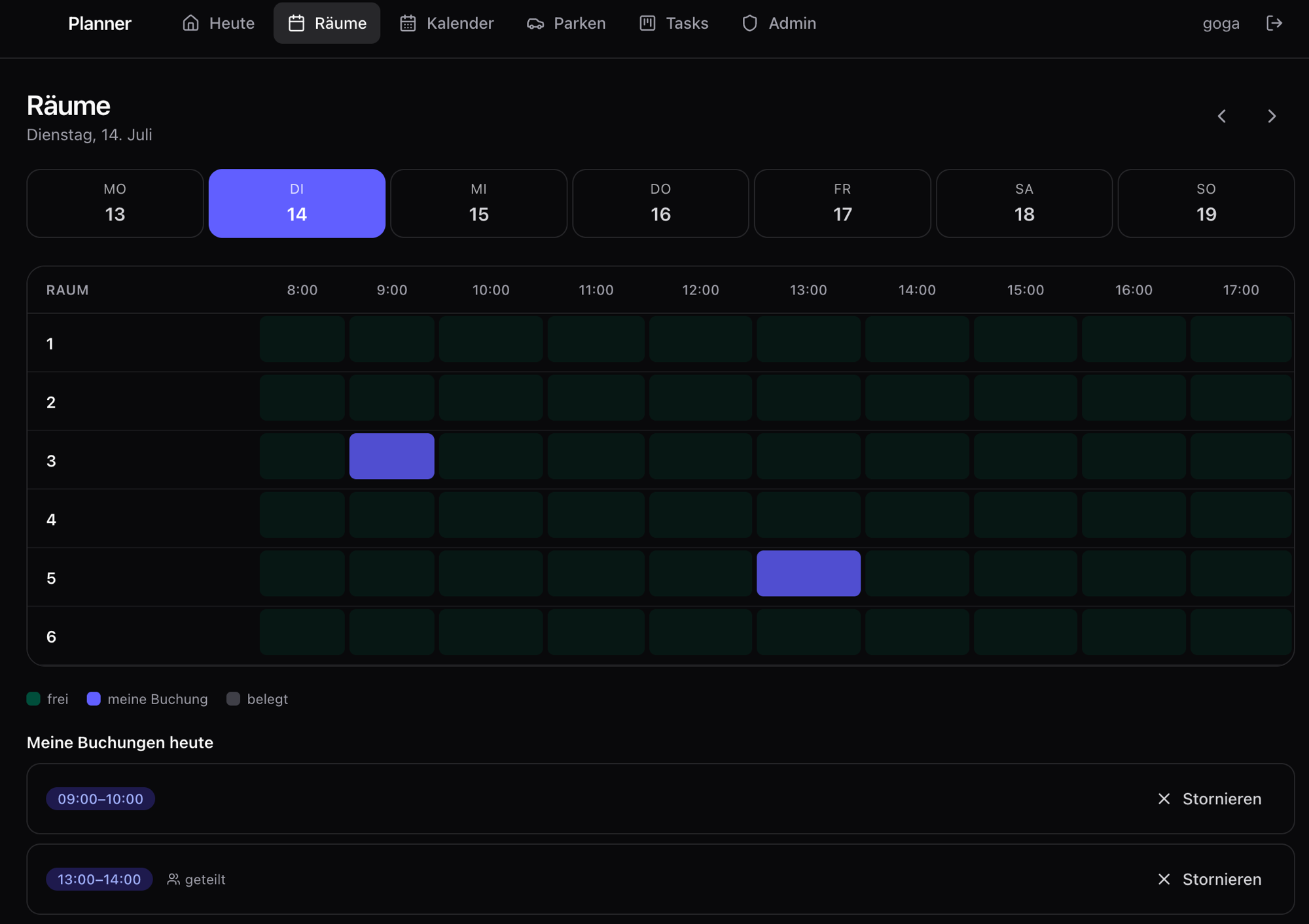 Rooms view of the booking platform with a daily overview and personal bookings